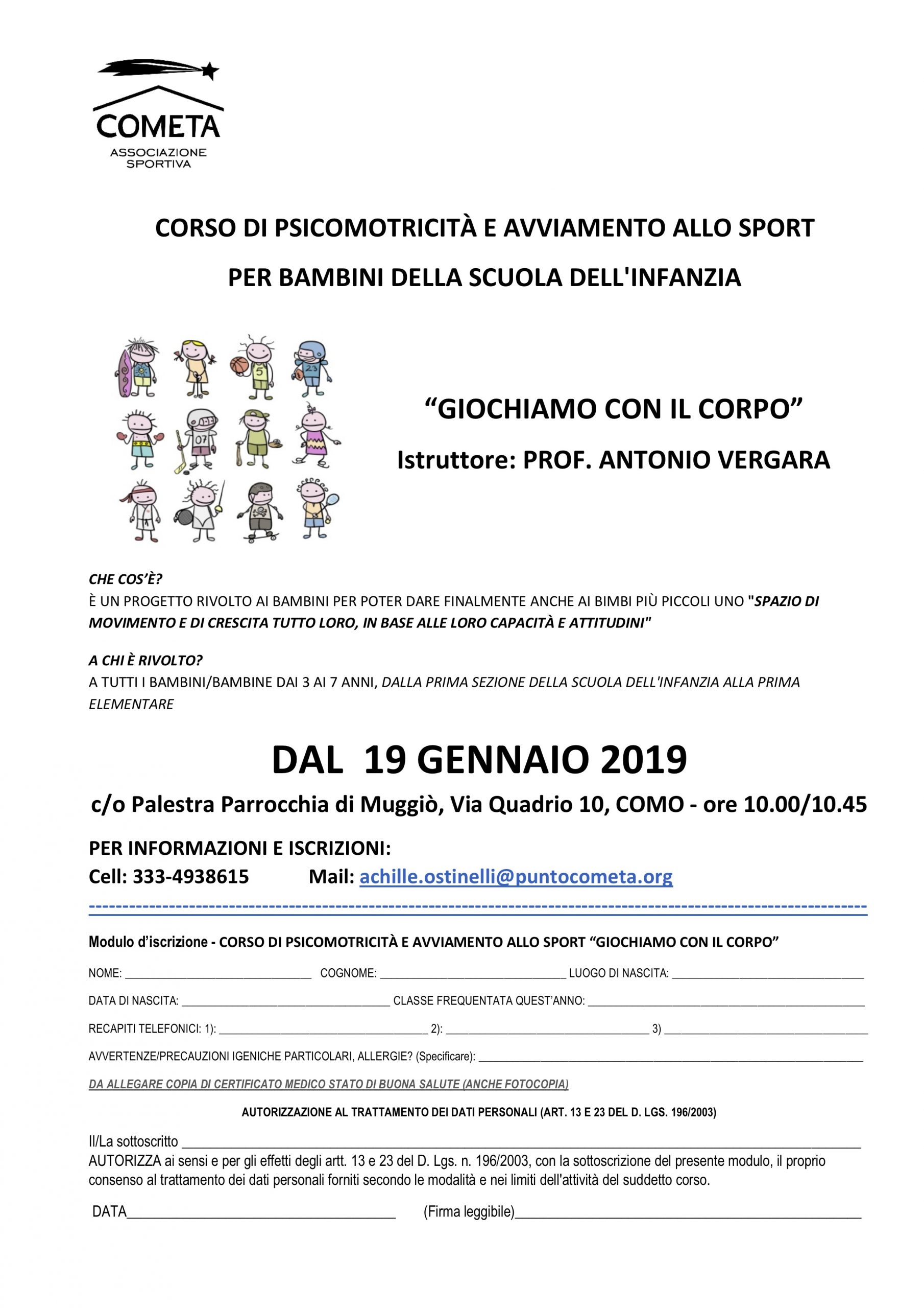 CORSO DI PSICOMOTRICITÀ E AVVIAMENTO ALLO SPORT PER BAMBINI DELLA SCUOLA DELL'INFANZIA - Cometa
